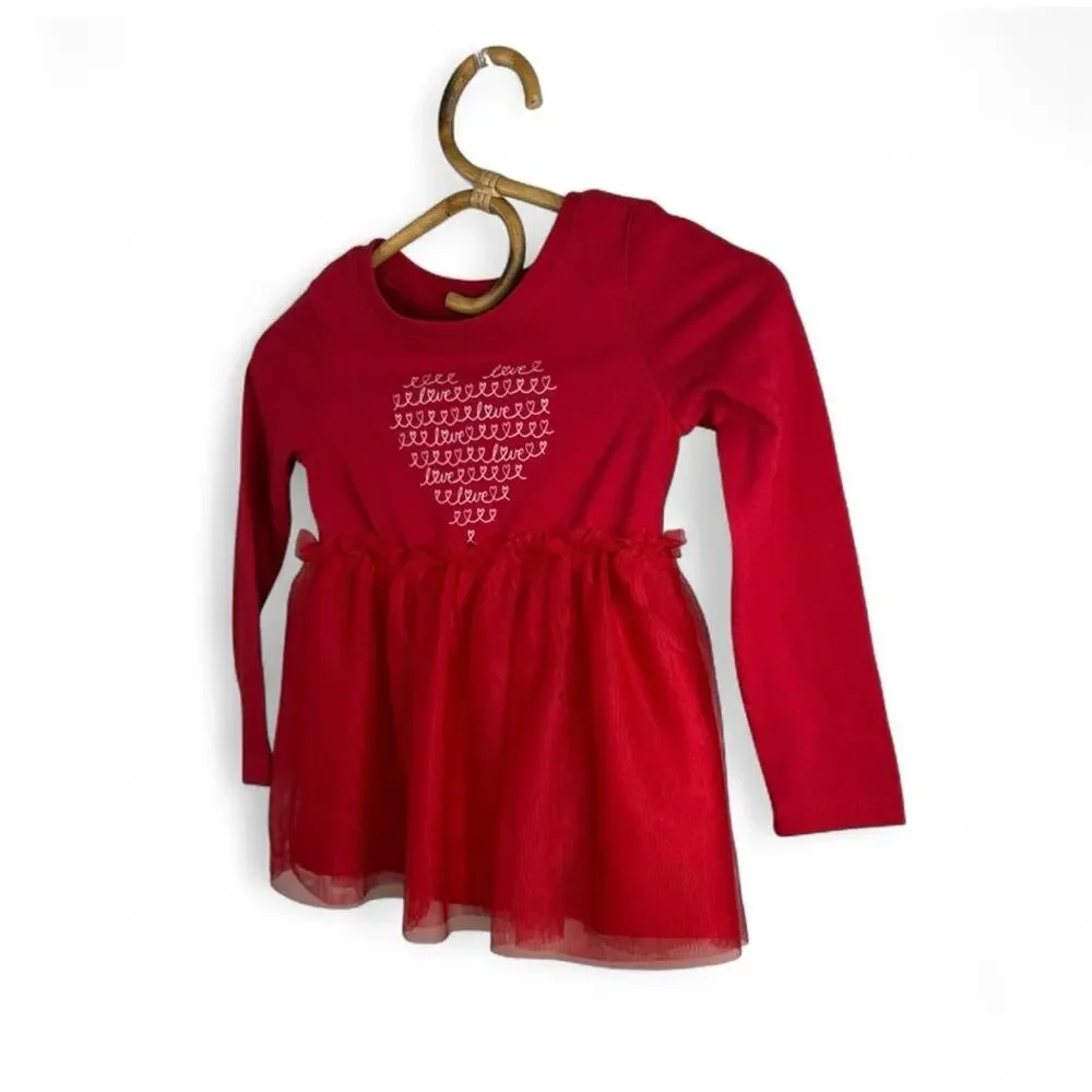 Cat & Jack Girls Red Long Sleeve Heart Graphic Tulle Dress size 5T